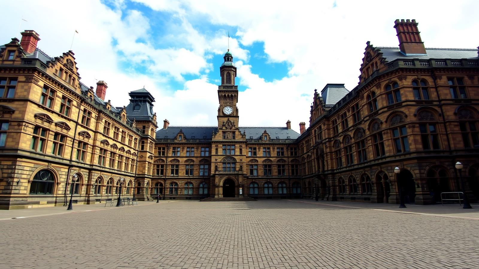 Ornate Victorian Gothic Rochdale Town Hall with sandstone facade and clock tower under blue sky