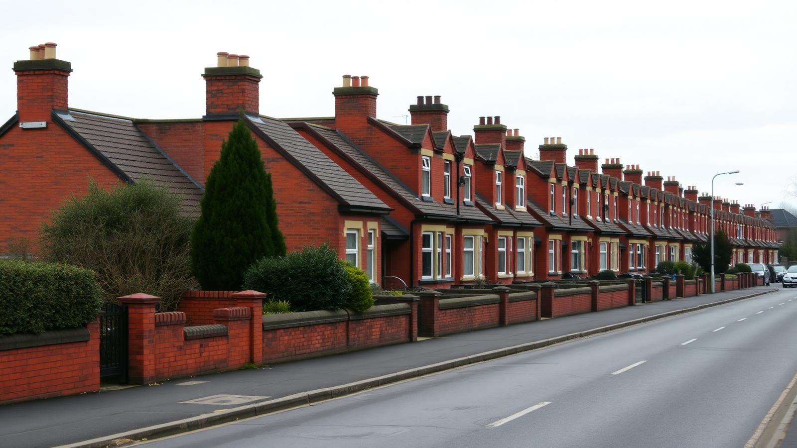 Long row of red-brick Victorian terraced houses with chimney stacks along a residential street in Chadderton, Greater Manchester