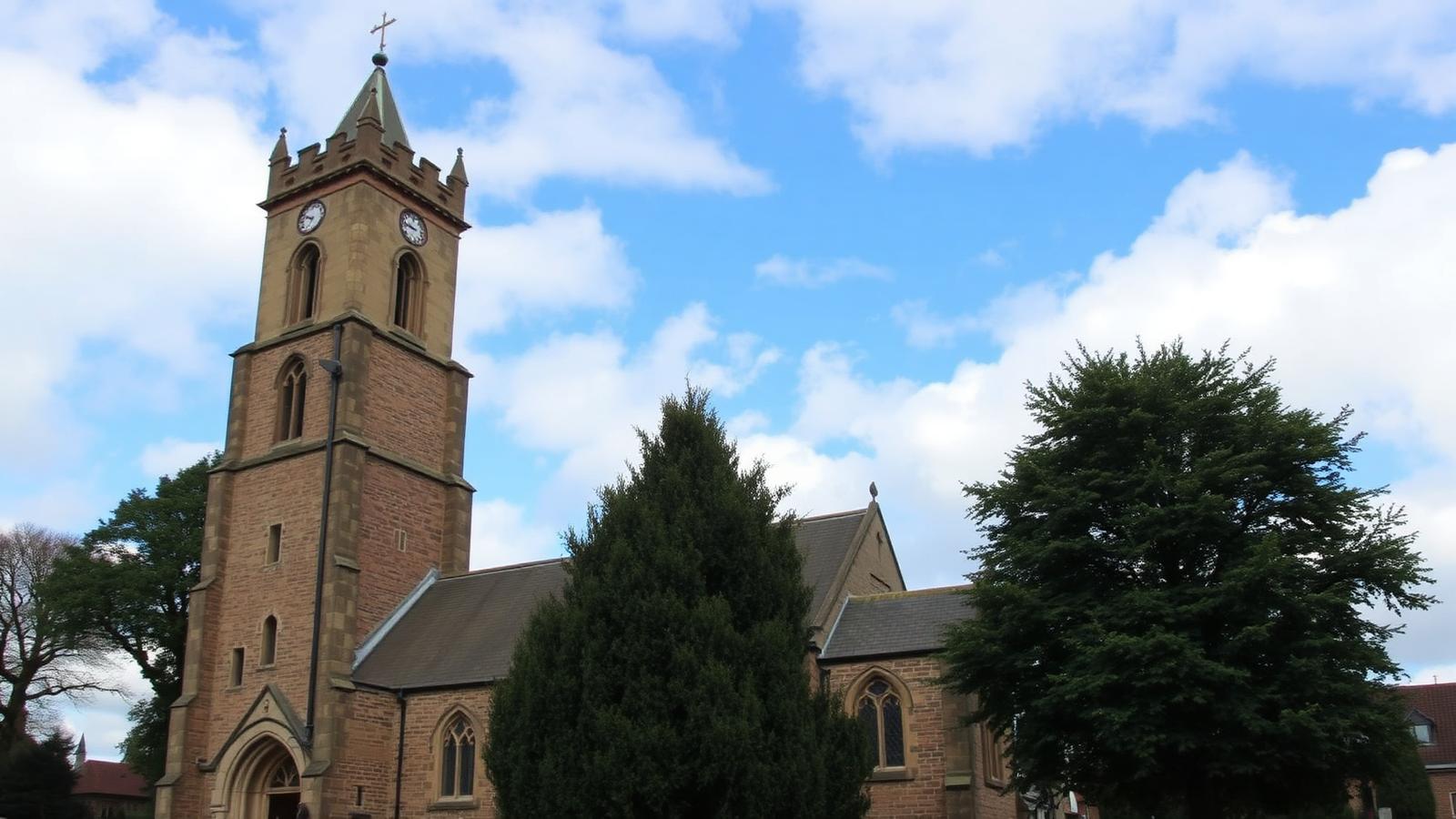 Medieval St Leonard's parish church in Middleton with sandstone tower and clock under a bright blue sky